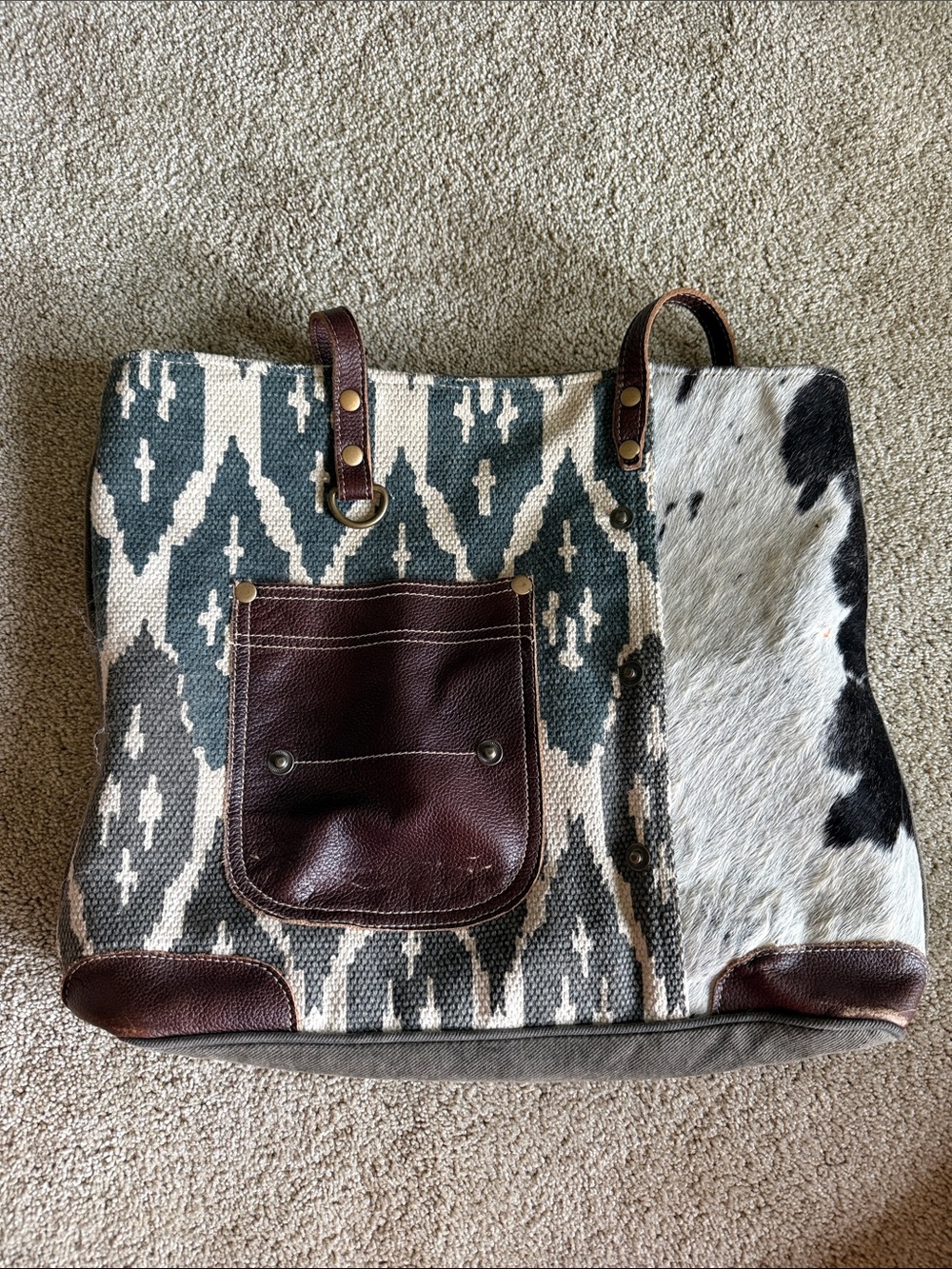 Myra Bag Neutral Canvas Tote with cowhide and leather trim